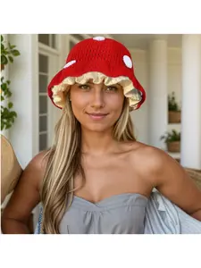 Women's Cute Mushroom Hat Handmade Crochet Troy Little Riding Hood Cotton Yarn Knit Wool Cap, Windproof Casual Warm Decoration