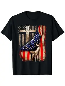 Vintage Mens Faith Over Fear Christian Cross American Flag T-Shirt Made in USA