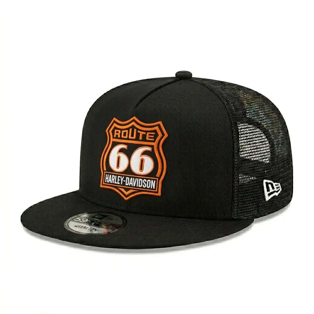 Route 66 Skull and Highly Dangerous Patch Variants Embroidered Trucker Hat, Black Mesh Flat Brim Snapback Cap, Vintage Motorcycle Streetwear Biker Hat, Adjustable Unisex Riding Gift for Men Women, Riders and Collectors
