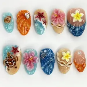 Tropical Ocean Paradise Press-On Nails, 3D Starfish, Seashells & Hibiscus Flowers, Beach Sand & Ocean Waves, Summer Vacation Vibes