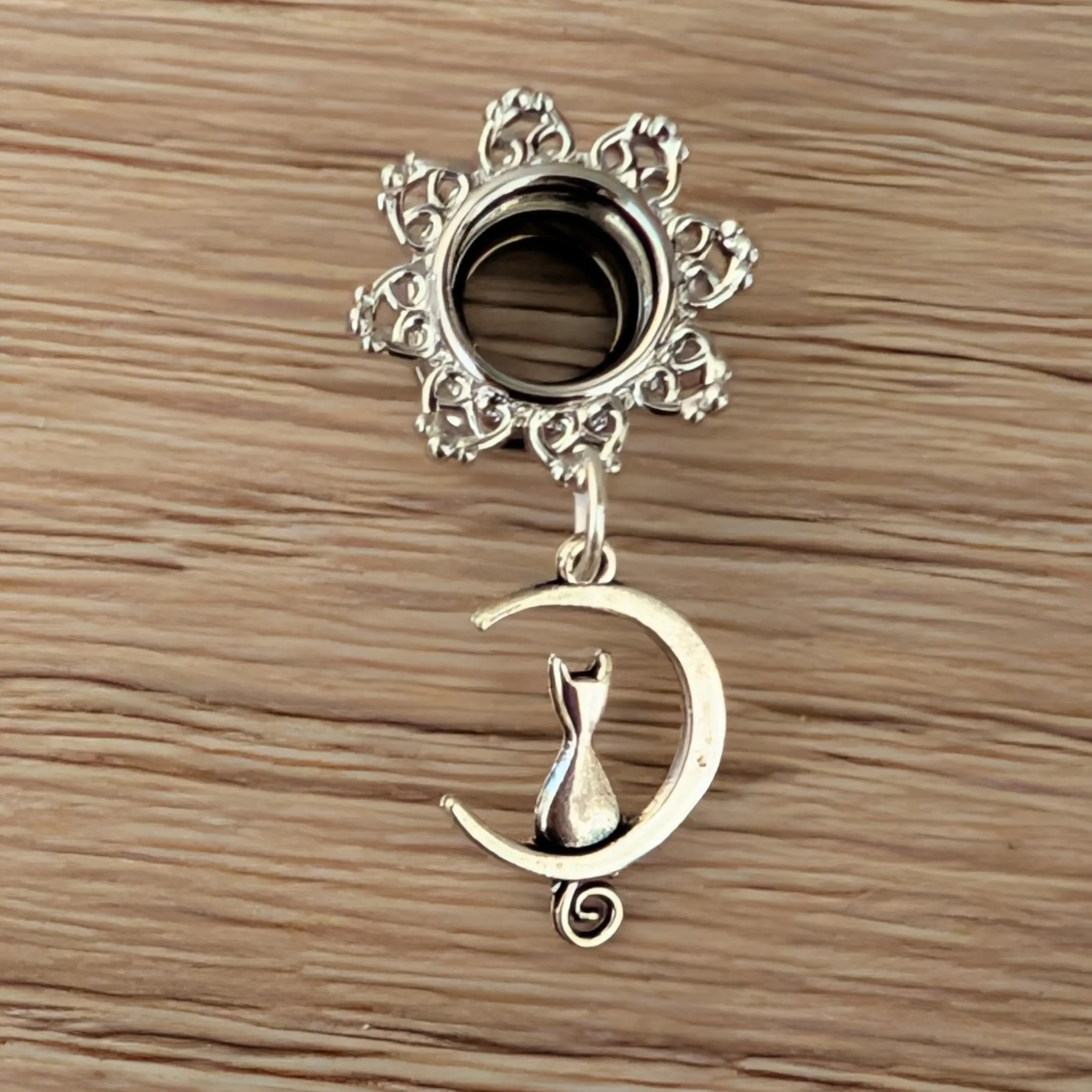 Pair Cat Moon Dangle Screw Back Silver Steel Tunnel Gauges 2g 0g 00g 1/2 9/16 5/8 Inch plug Ear Stretching jewelry