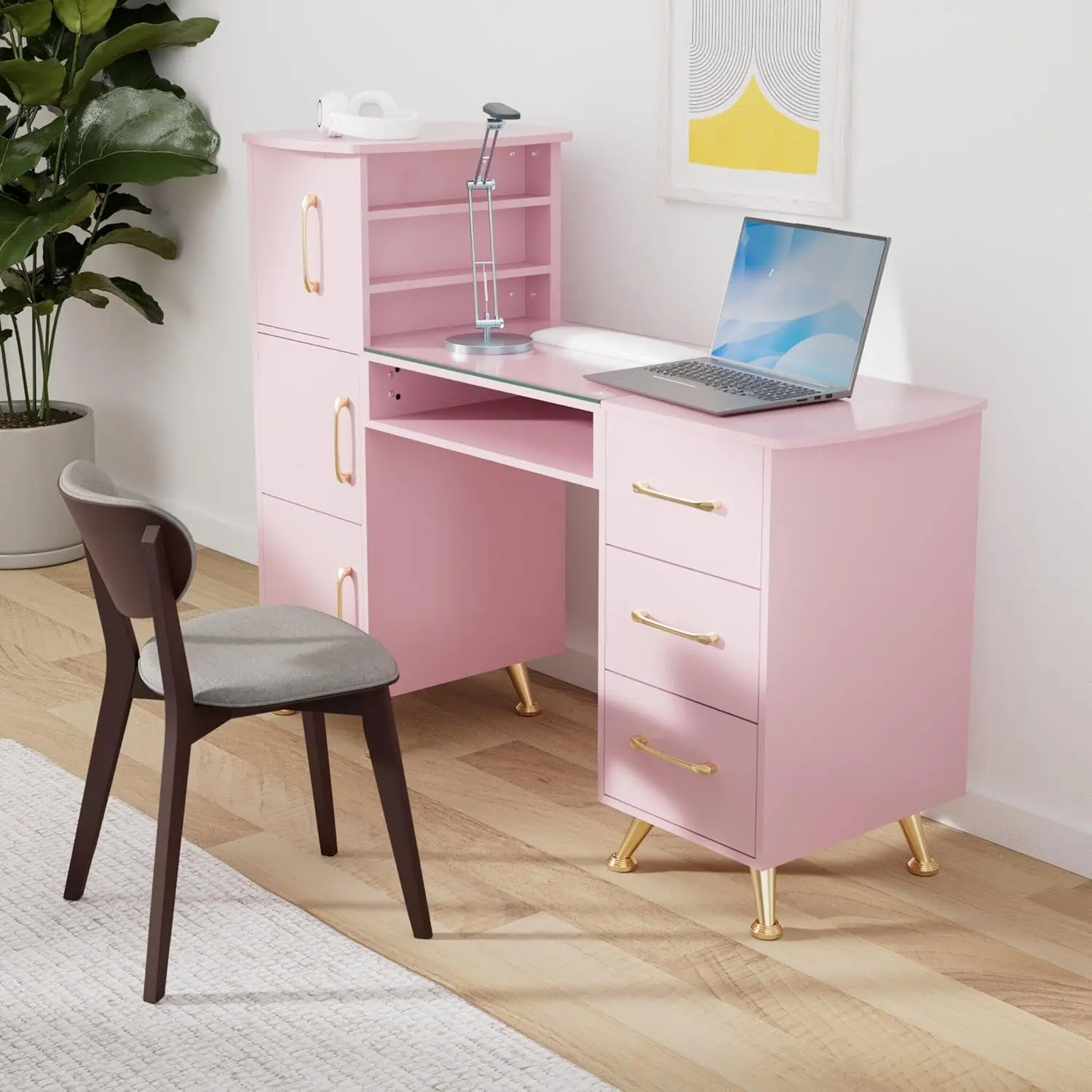 BarberPub Manicure Table - Modern Salon Commercial Furniture with Drawers, Iron Legs, MFC Board, Ample Storage Space, Nail Makeup Desk Workstation (Model 2611)