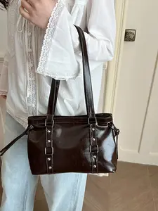 2026 New Dark Glossy Rivet Tote Bag, Drawstring Design Underarm Bag, Vintage Moto Style Shoulder Handbag, Fashionable Accessory