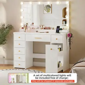 LAKEMID Vanity with Extra-Large Mirror, Illuminated Mirror, 12-Light LED Panel with Three Color Settings, Plus a Complimentary Multi-Color Light Set, 7-Drawer Vanity, Featuring a Pull-Out Double-Tier Storage Cabinet, Women's Vanity (White)