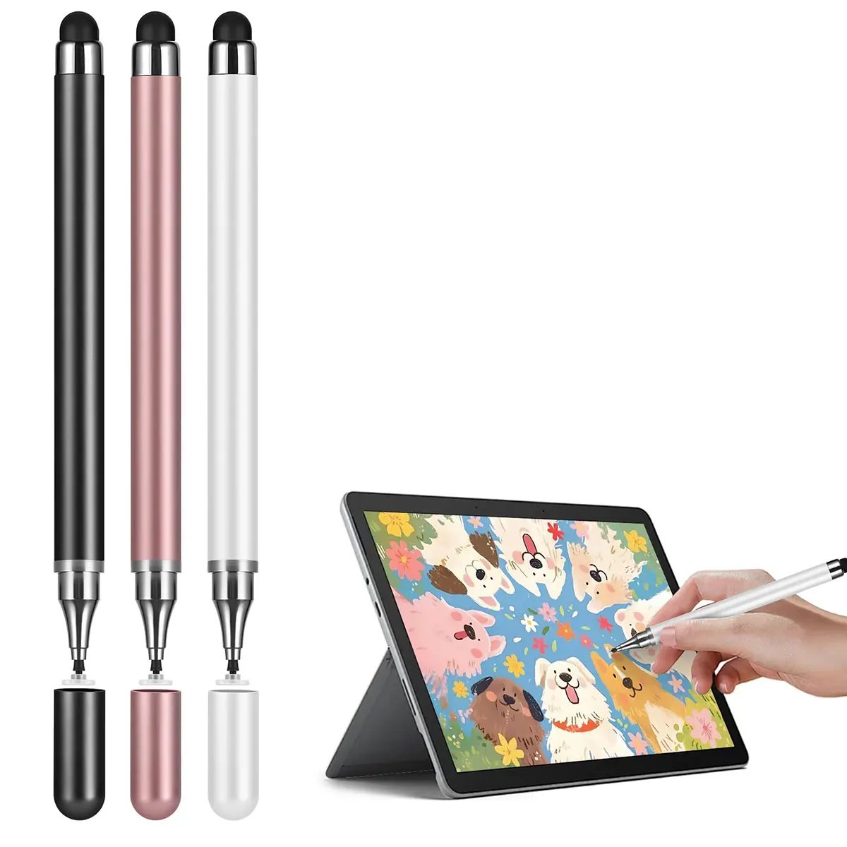 3-Pack 2-in-1 Touchscreen Pen Styluses, High Precision & Sensitivity Plug-and-Play Accessories for Tablet, Smartphone, iPhone, iPad, Android Devices with Disc Tip & Rubber Tip, Ipad Pens