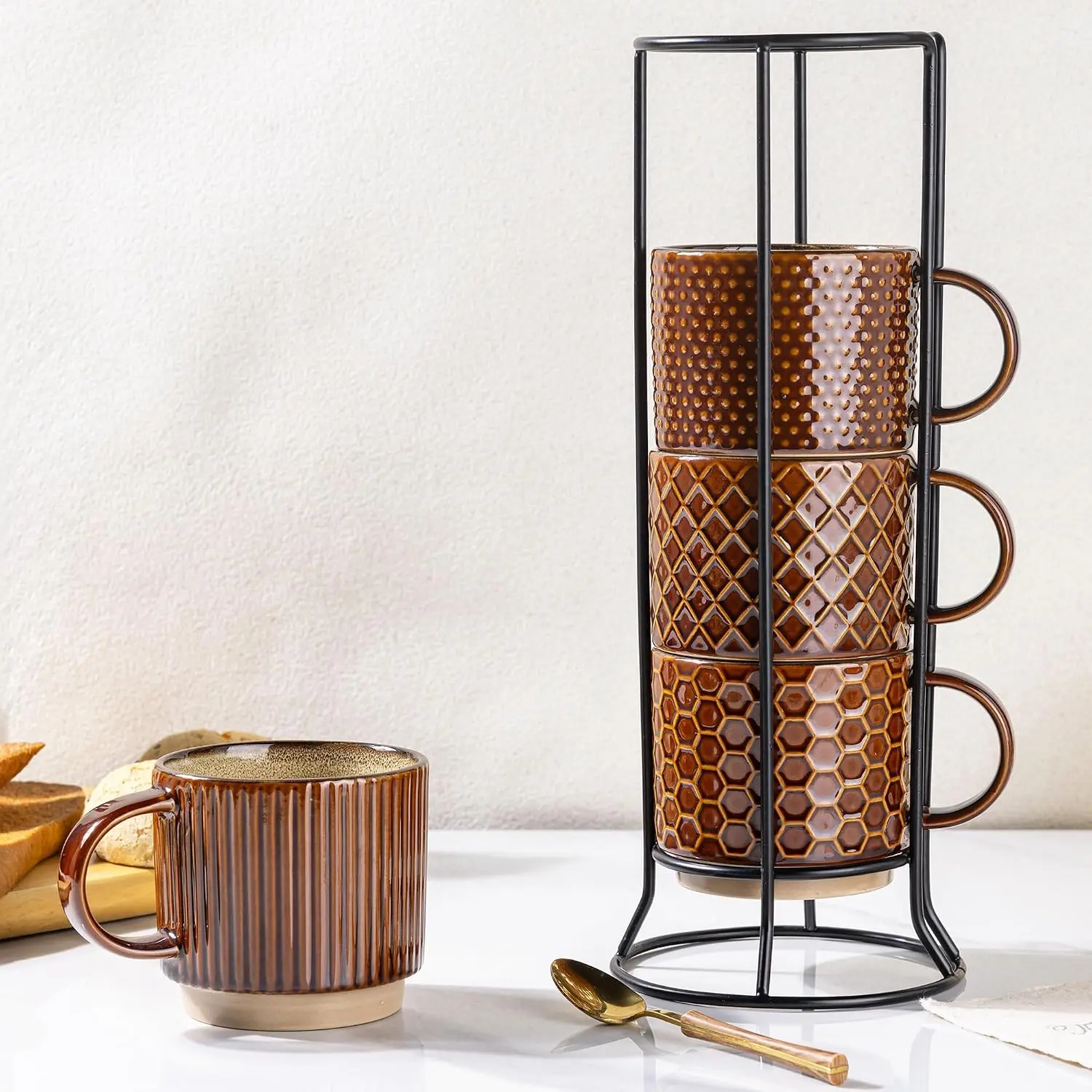 12 oz Stackable Ceramic Coffee Mugs Set of 4 Caramel Textured Cups with Metal Stand