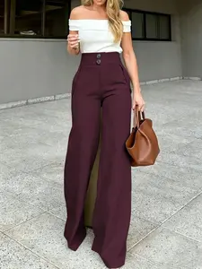 Women's High Waist Wide Leg Pants, Casual Commuter Style, Pure Color Elegant Suit Pants, Daily Wear, Everyday, Fashion, New Arrival 10265
