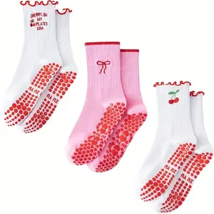 Jointlycreating Women's Cute Pilates Socks with Grip Crew Yoga Socks Ruffle Cuff Embroidery Pattern for Workout & Ballet in Various Colors