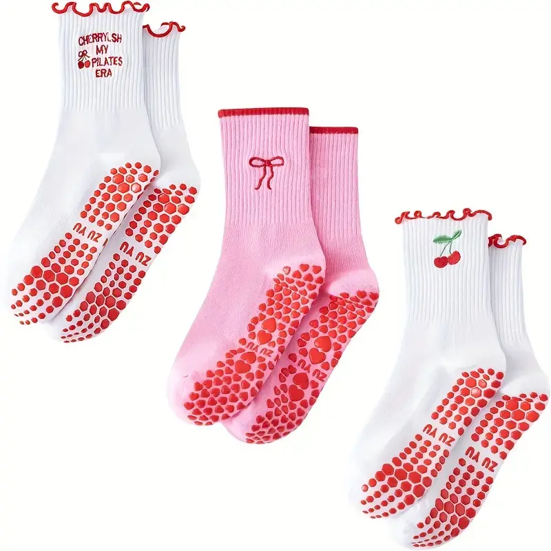Jointlycreating Women's Cute Pilates Socks with Grip Crew Yoga Socks Ruffle Cuff Embroidery Pattern for Workout & Ballet in Various Colors