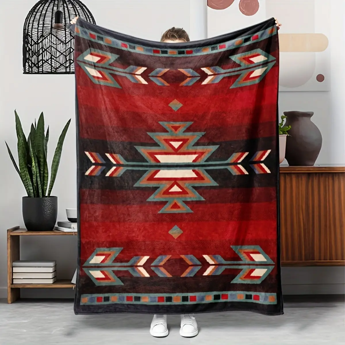 Bohemian Retro Modern Digital Printed Red Geometric Flannel Shawl Blanket - Breathable Softness, Double-Sided Durable Polyester Velvet, Multicolor Option, Machine Washable, All Seasons, Ideal for Sofa, Travel, Multi-Functional Gift