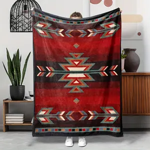 Bohemian-style red geometric pattern flannel shawl blanket - soft, double-sided usable and durable, suitable for all seasons, perfect for sofas, beds, travel and camping - multi-functional gift creativity