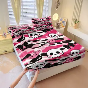 3-Piece Pink Camouflage Print Fitted Sheet Set, Sweet Cool Style Bedding Set, Skin-Friendly & Breathable, Cartoon Skull & Heart Patterns, Teenagers and Young Adults for Bedding Decor, All Seasons Use
