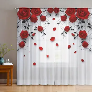 2 pieces, Home textile, Bohemian curtains with bright red rose and black leaf design - pole pocket style, semi sunshade polyester fiber, suitable for living room, bedroom, balcony, kitchen and shower window decoration, anti privacy, easy to clean