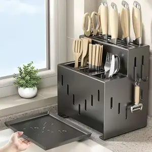 Thickened Wall-Mounted Knife Storage Rack with Dry and Wet Separation, Hygienic Drainage Design, Stylish Space-Saving Organizer for Knives, Spoons and Chopsticks, Durable Kitchen Utensil Holder for Modern Home Kitchens