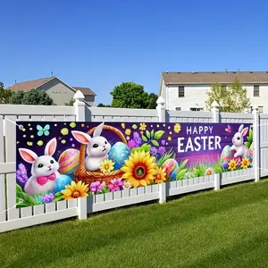 Easter Backdrop Banner - Colorful Bunny, Carrot, Egg Design, Waterproof Lightweight Polyester, 71x24in - Ideal for Family Garden Celebrations, Business Gift, Party Supplies