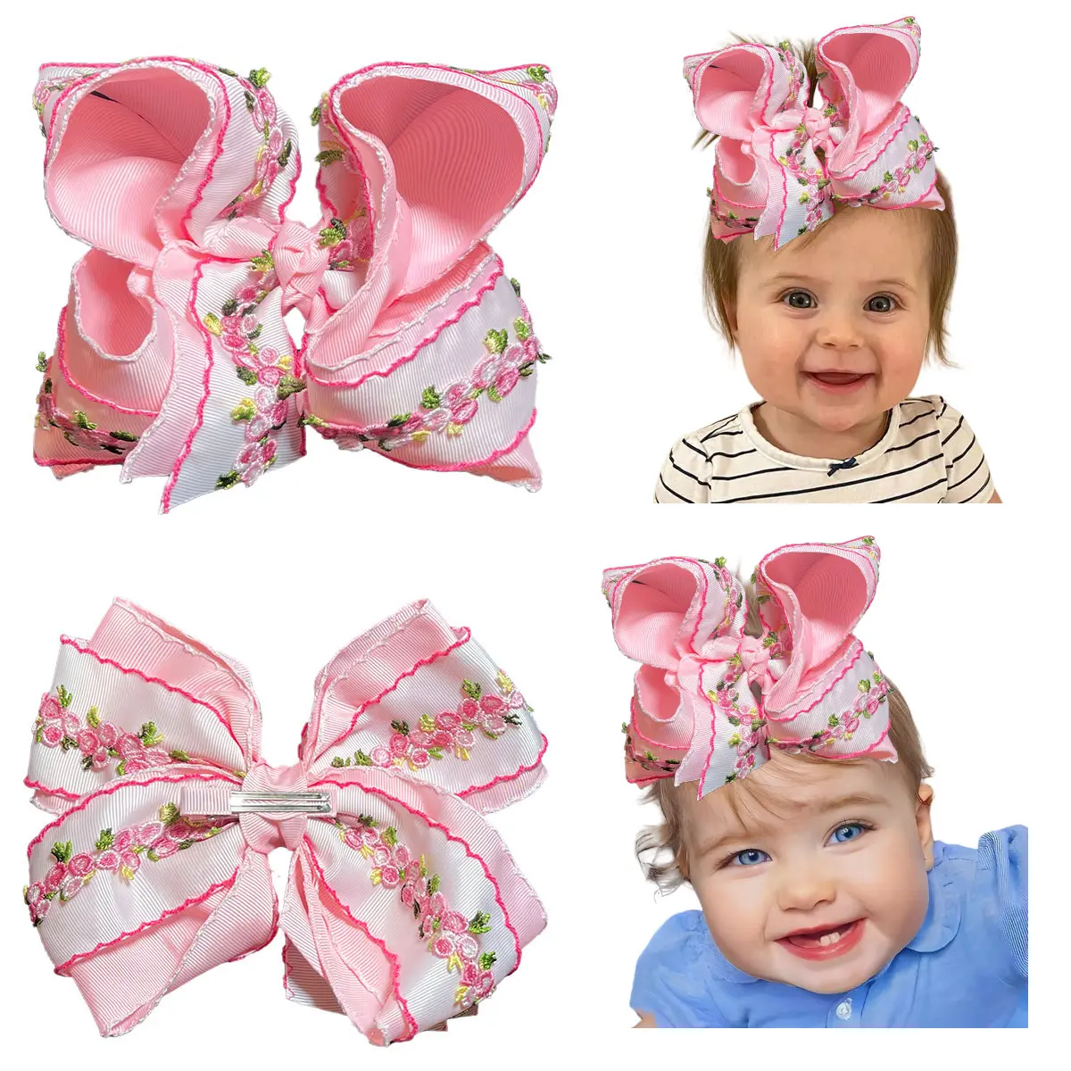 Summer vibes JoyBowie 8-inch moon bow headband — pink floral pattern, embroidered trim, soft ribbon texture woven fabric; suitable for girls’ everyday casual wear; baby headband set including a newborn bow headband.