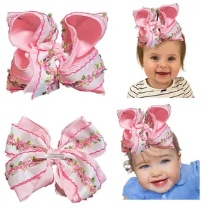 Summer vibes JoyBowie 8-inch moon bow headband — pink floral pattern, embroidered trim, soft ribbon texture woven fabric; suitable for girls’ everyday casual wear; baby headband set including a newborn bow headband.