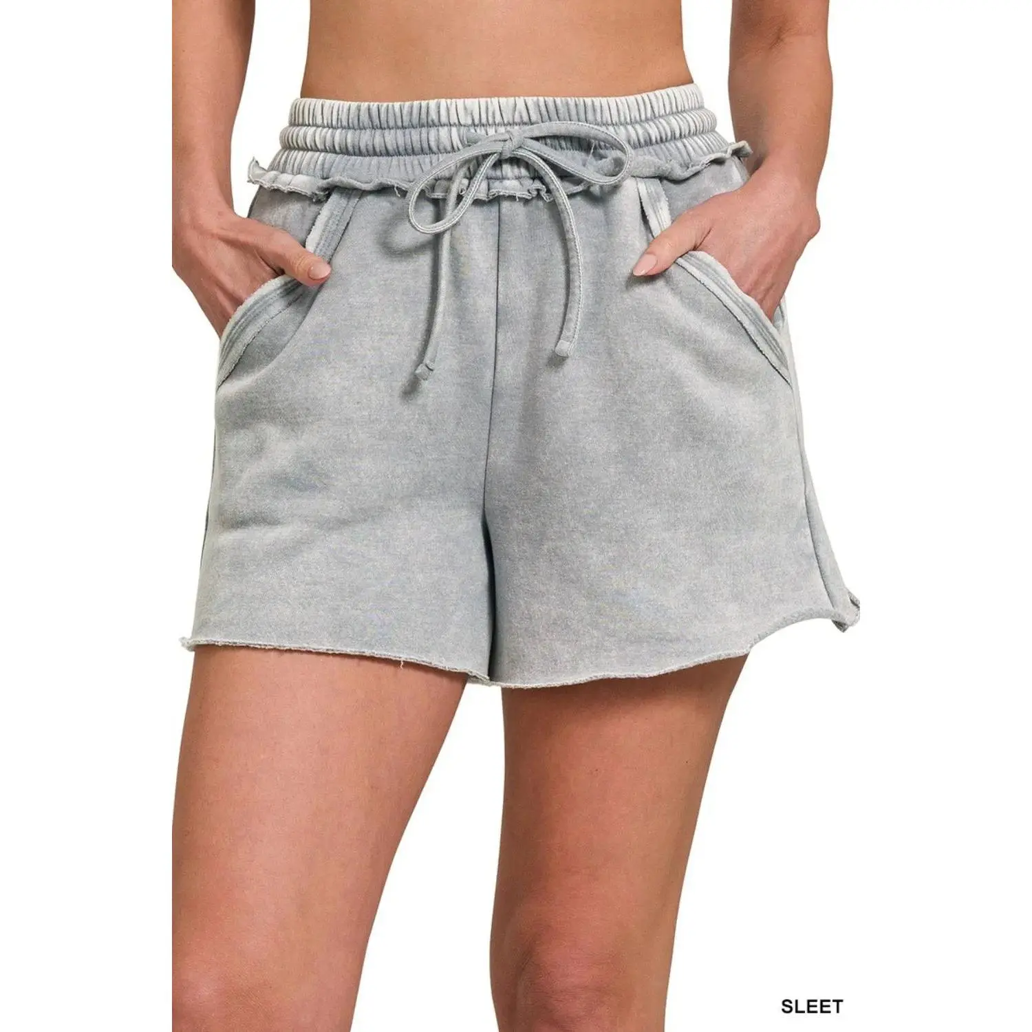 Zenana Acid Wash Fleece Drawstring Shorts With Pockets