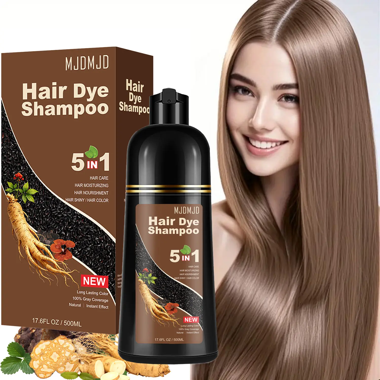 MJDMJD Instant 5 in 1 Light Brown Hair Dye Shampoo Covering Grey Hair,All-in-One Hair Color Nourishes,Herbal Hair Color Shampoo for Women & Men - Natural & Healthy Plant Ingredients Hair Dye in Minutes,Easy to Use At Home,Unisex Haircare