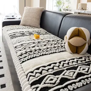 1 PC Bohemian Casual Sofa Cover, Geometric Pattern Short Plush Slipcover - Non-Slip, Scratch-Resistant, Dustproof, Stain-Resistant, Pet-Friendly Couch Protector for 1/2/3/4-Seater Sofas, All-Season Washable Living Room Cover
