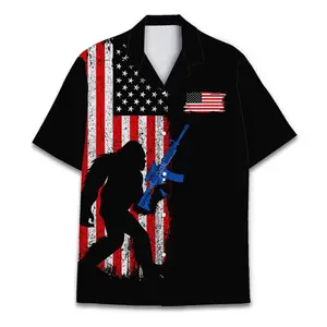 Bigfoot USA Flag Hawaiian Shirt, Patriotic Sasquatch Summer 250 Years of Freedom Hawaiian Beach Shorts, America 1776–2026 Patriotic Shirt, July 4th Independence Day Outfit，Aloha Shirt