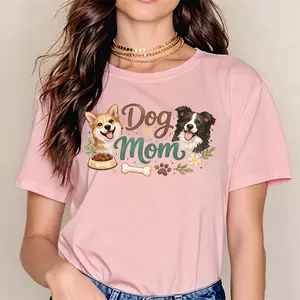 Casual Style Women's T-Shirt Dog Mom With Corgi And Border Collie Design For Spring And Summer Perfect Gift For Dog Lovers