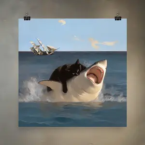Fat Cat vs Shark Meme Art Renaissance Style on Premium Matte Paper Coolest Room Decor with Colorful Retro Hip Hop Wall Art
