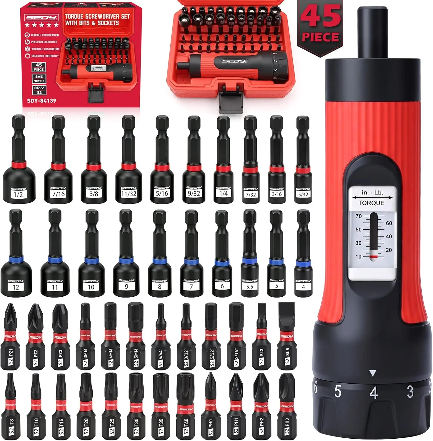 Torque Screwdriver 10-70 in-lb, 45-Piece 1/4" Drive Set with 24 S2 Steel Bits, 20 CR-V Magnetic SAE and Metric Nut Drivers, Storage Case, Inch Pound Torque Wrench for Automotive, Bike and DIY Repair