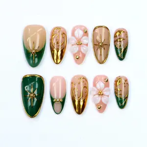 Spring Garden Green Pink Almond Press On Nails | Gold Star & 3D Floral French Tip Nail Art, Reusable Fake Nails for Wedding Party Gift Vacation Everyday Wear