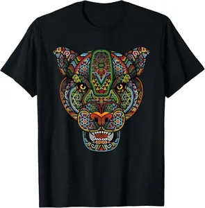 Jaguar head art huichol face Mexico Aztec Mayas for lover Casual Short sleeve Cotton T-Shirt