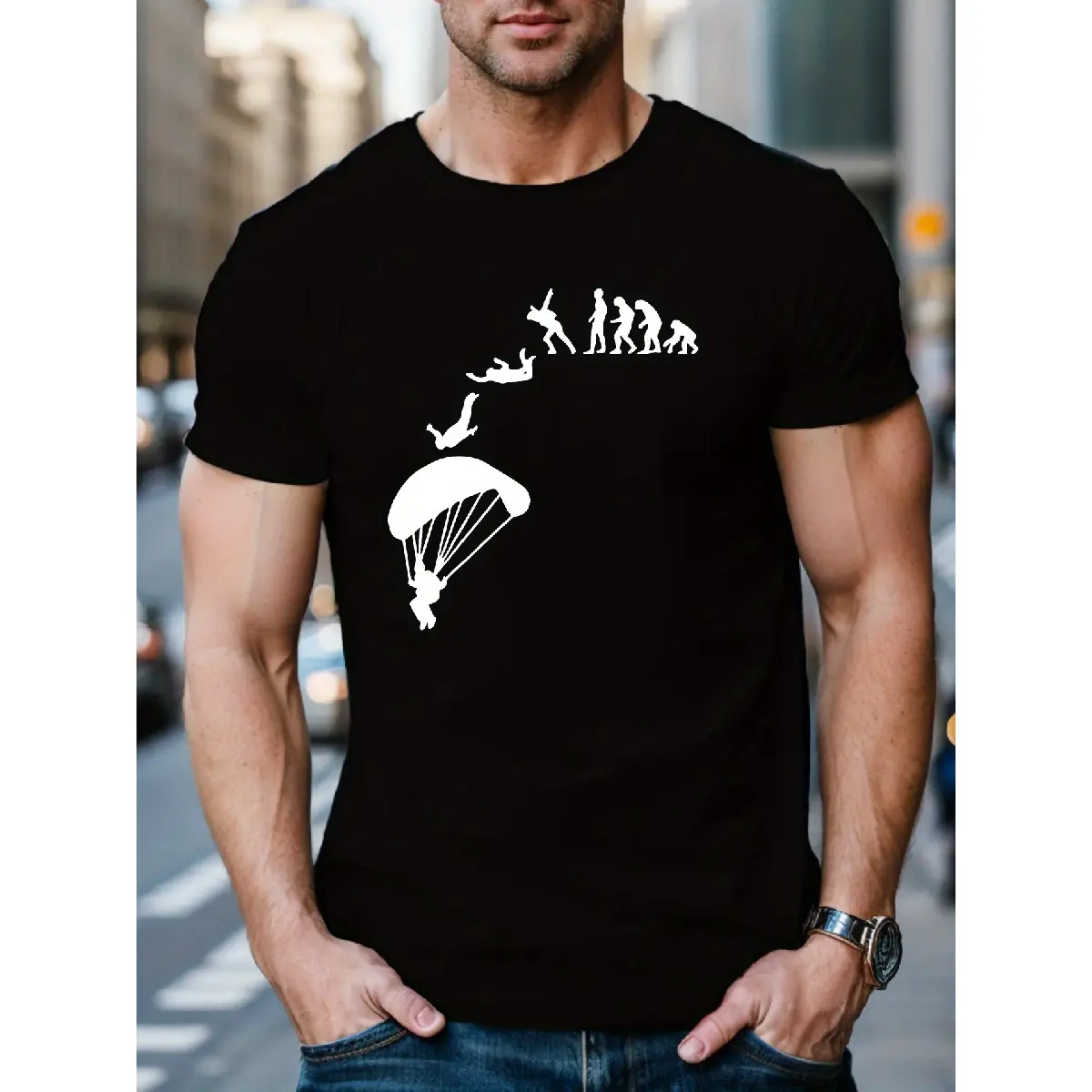 Men's Classic Short-Sleeve Skydiver Graphic Crewneck T-Shirt - Casual, Machine Washable, Normal Type, S to 3XL, Soft, Breathable, Stretch Sport Fabric Top, Regular Fit, Round Neck, Stylish, All Seasons, for Layering or Pairing with Jeans