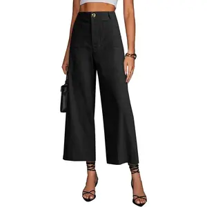 Womens High Waisted Cropped Wide Leg Stretchy Straight Pants Trousers with Pockets