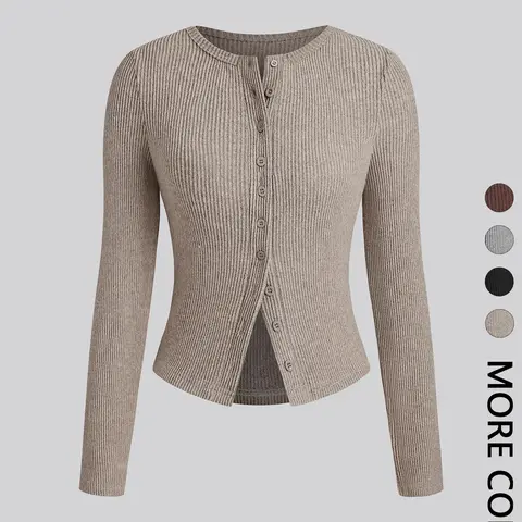 Women's Casual Basic Minimalist Slim-Fit Fitted Long Sleeve Lady Top, Plain Solid Round Neck Shirt for Fall & Winter, Fashion Fitted Clothes, Fashionable Moderate Fabric Women's Clothing Womenswear