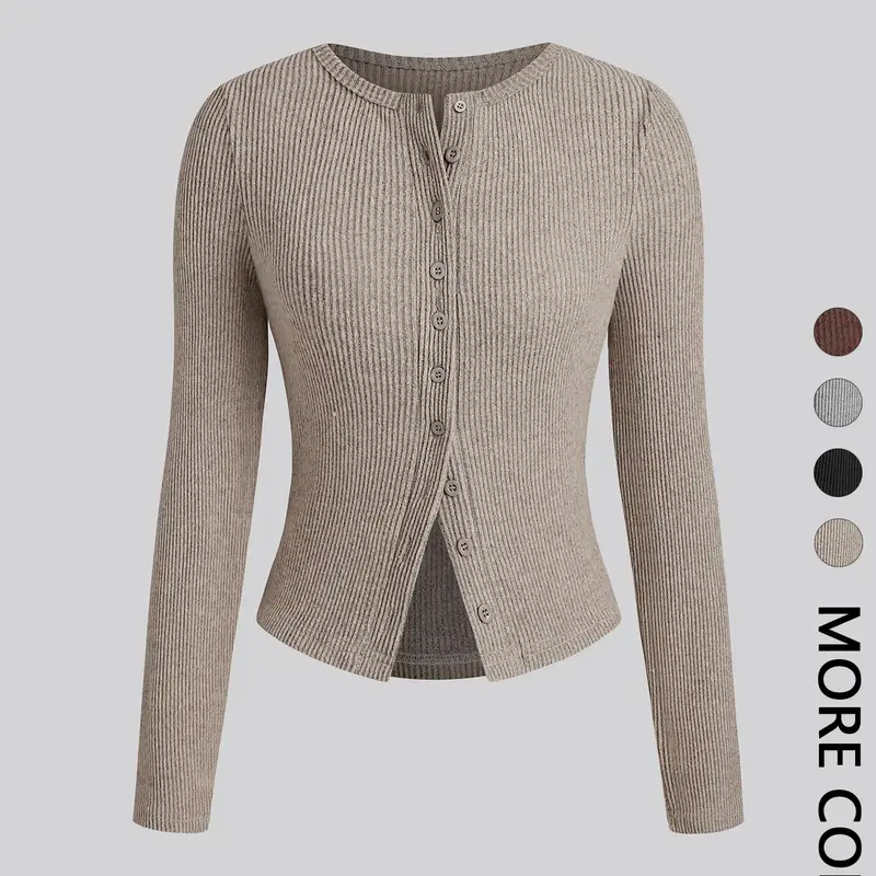 Women's Casual Basic Minimalist Slim-Fit Fitted Long Sleeve Lady Top, Plain Solid Round Neck Shirt for Fall & Winter, Fashion Fitted Clothes, Fashionable Moderate Fabric Women's Clothing Womenswear