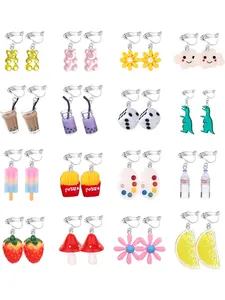 16 Pairs Colorful Cute Cartoon Clip-On Earring Set for Women Men Lightweight Alloy Resin Vibrant Playful Designs Non-piercing Ear Clips Whimsical Shapes Gummy Bears Bubble Tea Cups Daisies Dinosaurs Strawberries Lemons Fun Aesthetic Touch for Daily Wear