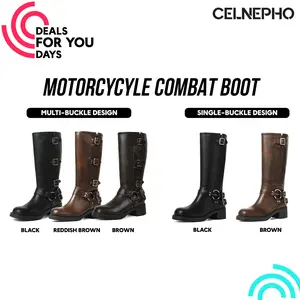 CELNEPHO Motorcycle Combat Boots for Women Round Toe Chunky Block Vintage Heel Metal Buckle Design Comfy Easy Pull on Rocky Boots Gift Party Date Bike Riding Casual Long Tall Punk Spring Summer Footwear Fashion Dress Shoes Deals For You Days