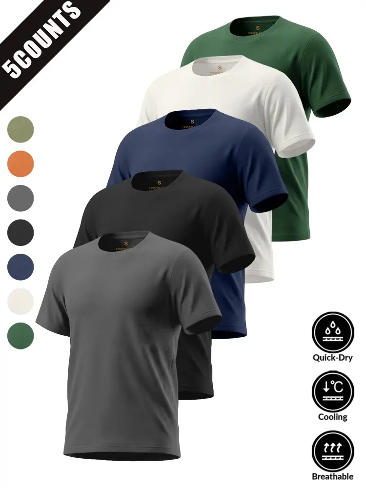 5 pcs men’s quick-dry short-sleeve T-shirts for casual sports—running, fitness, outdoor activities—available in various colors; comfortable and stylish yoga/fitness activewear workout short sleeves