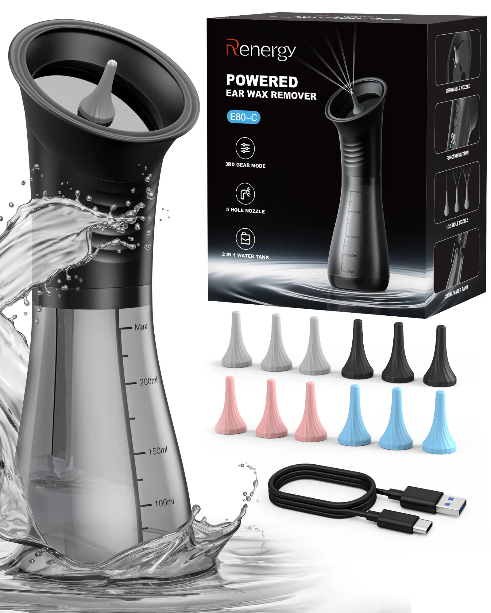 Premium Quality, Insanely Cheap! Renergy Electric Ear Wax Removal Kit with LED Display, Powered Ear Wax Remover, Dual Clean & Waste Tank, Water Ear Cleaner & Ear Cleaning Kit, Ear Irrigation Flushing System, 3 Modes, 12 Nozzles, IP67 tiktokshopbacktoschoo