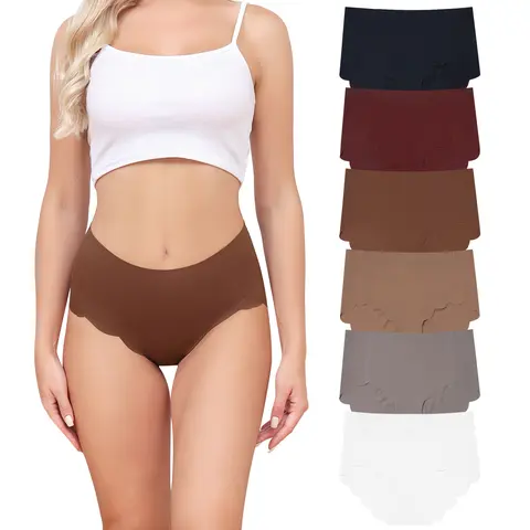 LEVAO Women's High-Waisted Seamless Wire-Free Ice Silk Bikini Underpants 6-Pack - Family-Focused Soft Comfortable Adaptive Panties, Modest Full Coverage, Solid Wave Edge, Polyamide-Elastane, Foldable, Lightweight Breathable Multi-Pair Adaptive Panties