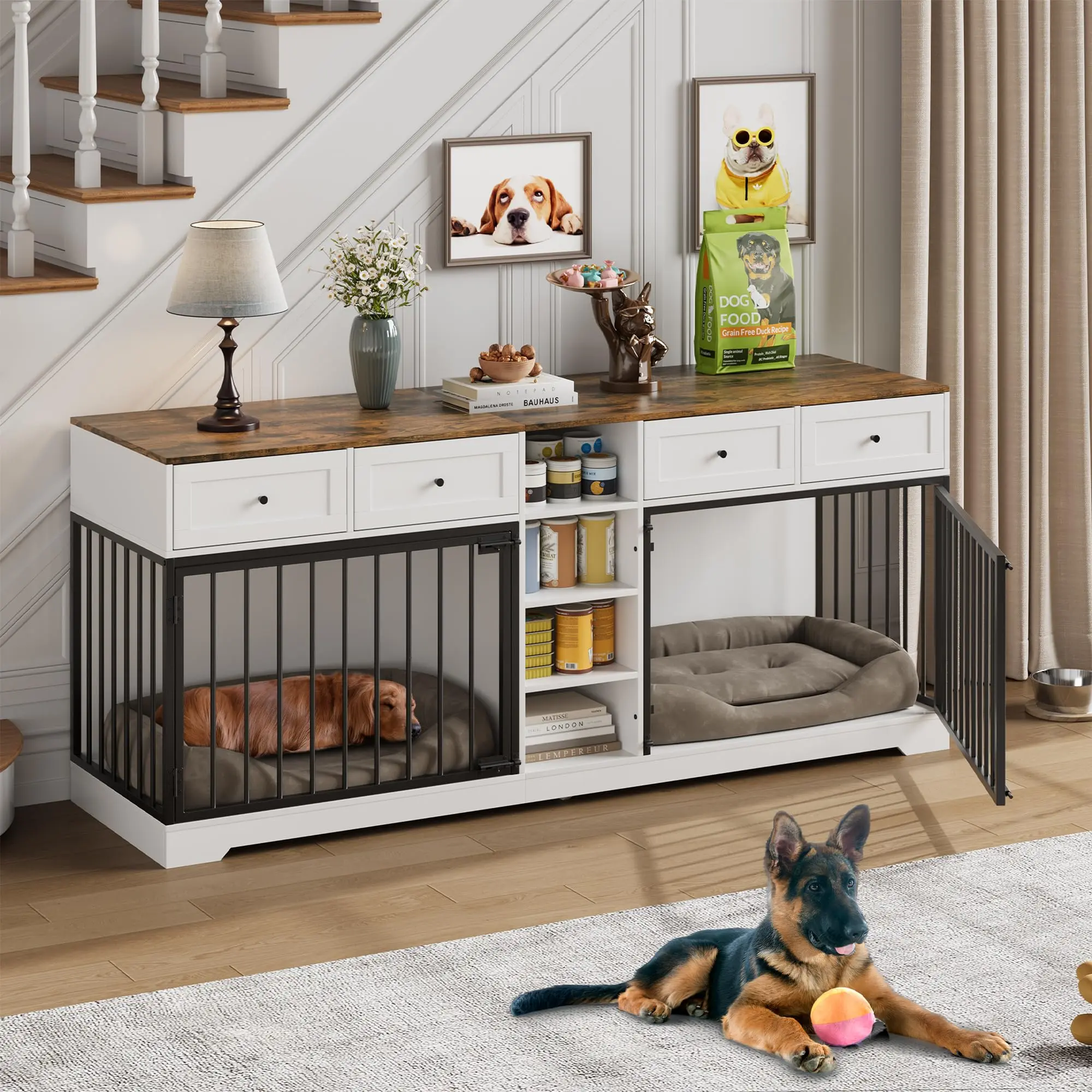 Gaomon Rustic Wood-Steel Multi-Use Dog Crate Enclosure Furniture - 81.9in White Home Bedroom All-Seasons Teddy-Friendly Kennel, Easy to Assemble, 4 Drawers, 4 Storage Shelves (Fits 2 Medium-Large Dogs, 35”L x 20”W x 27”H)