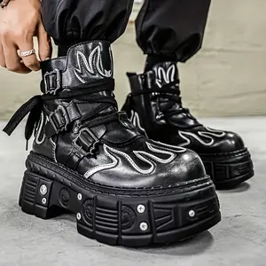 Bmuvlss Men'S Gothic Punk Boots - Heavy-Duty Lace-Up Ankle Boots with Thick Rubber Sole, Round Toe & Lace-Up Closure - All-Season Edgy Streetwear Boots for Concerts, Parties - Dark Punk Style Boots For Men, Concert Footwear, Embroidered Design