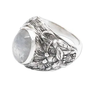 NOVICA Artisan Handmade Men's Rainbow Moonstone Ring Sterling Silver Clear Domed Single Indonesia Animal Themed Wild Cat [crownbezel 0.3 in H x 0.8 in W x 0.4 in D Band Width 3 mm W] ' Lion' S