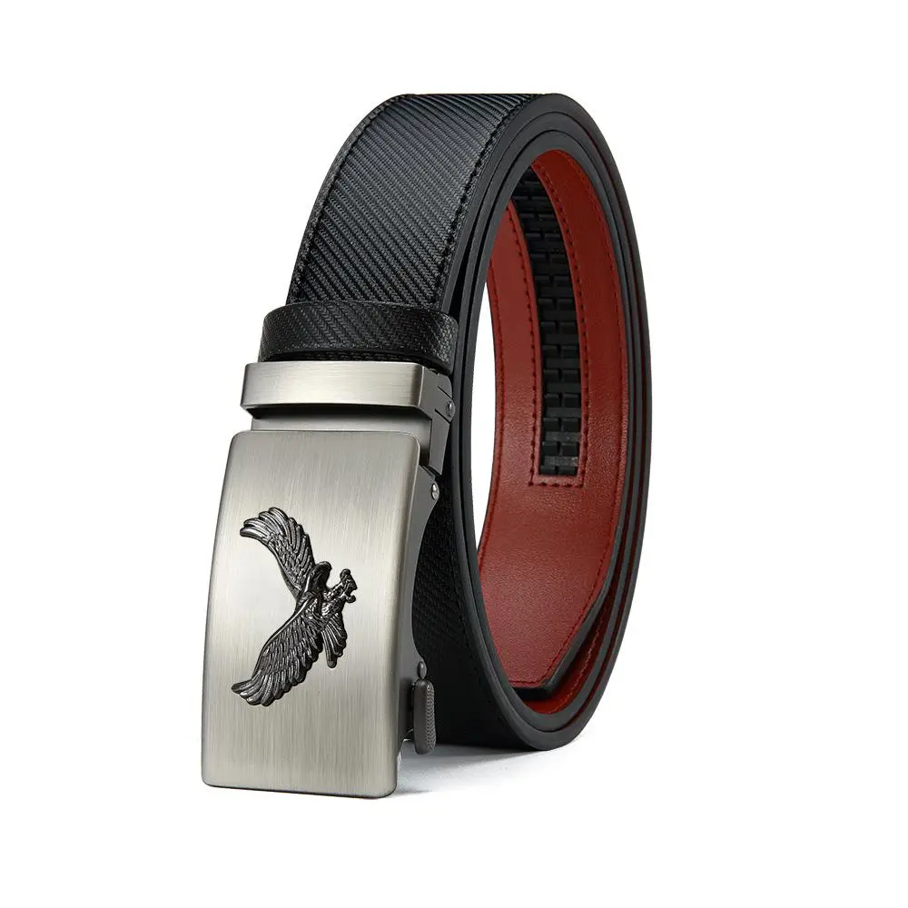 Men’s Cow Hide Heavy Duty Automatic Ratchet Belt - Silver Sharkskin Auto Buckle, Embossed Eagle Motif, Carbon Fiber Texture Woven Body, Versatile Stylish Design for Work, Weekends, Ideal Father’s Day Gift, Modern