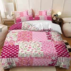 Bedding 3-piece set - 3PCS,down comforter set with pink, white and red floral checkered patchwork design (1 comforter cover + 2 pillowcases, filling not included). soft and comfortable, suitable for family bedrooms.