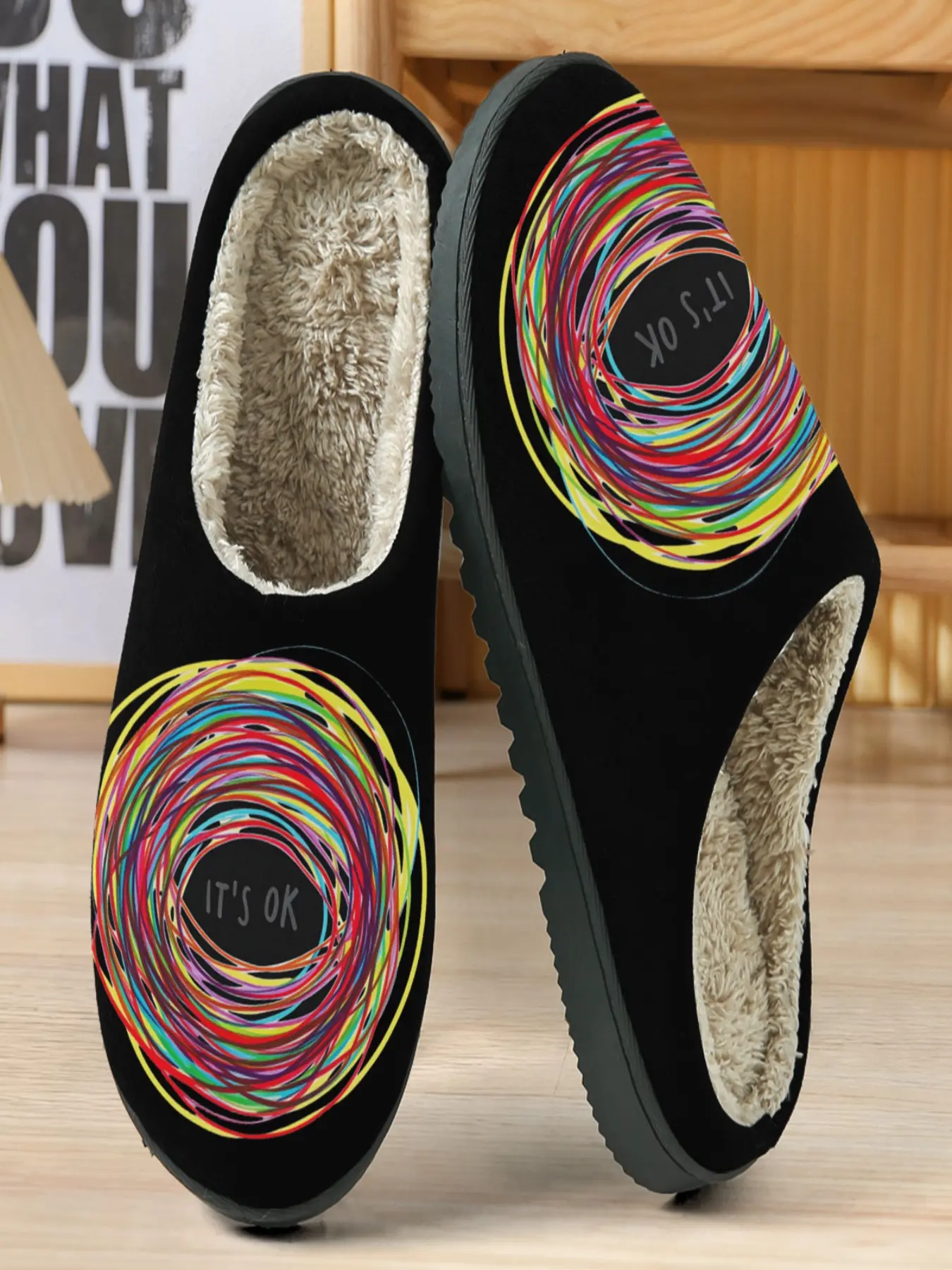Cure Swirl Theme Cotton Slippers, Base with Colorful Spiral Lines, Warm Fuzzy Lining, Casual Fall & Winter Footwear