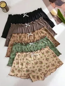 Comfortable Floral Print Ruffle Trim Boyshort Panties Romantic-Floral Style Low Rise Hand Washable 5pcs Set Multicolor Knitted Fabric