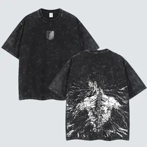 Women's Retro Vintage Limited Attack on Titan "The Founding Titan" Eren Yeager T-Shirt - Double-Printed Acid-Washed Oversized Unisex Shortsleeve Round Neck Lightweight Cotton Manga Graphic Top, Casual Streetwear, Perfect Gift