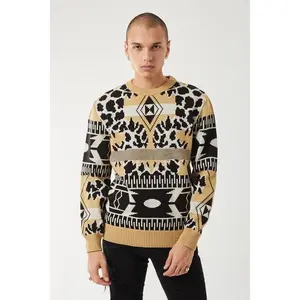 Men’s Tribal Pattern Knit Crewneck Sweater – Black, Tan & White Bold Geometric Pullover