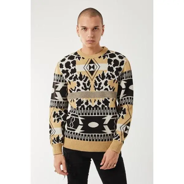 Men’s Tribal Pattern Knit Crewneck Sweater – Black, Tan & White Bold Geometric Pullover