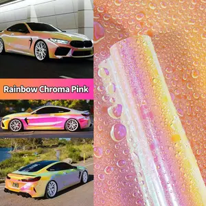 Glossy Rainbow pink yellow Vinyl Car Wrap Roll, Bubble-Free Air Release Technology, Self-Adhesive Backing, DIY Auto Decal, Car Decals, Universal Car Sticker